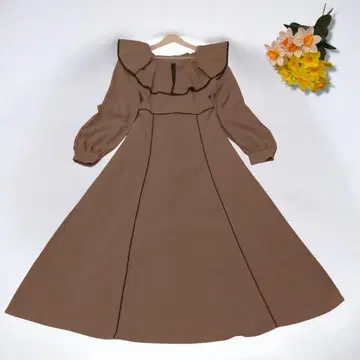 브라운 프릴 오프숄더 롱 원피스