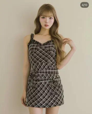 다리치 Darich 트위드 체크 리본 미니 원피스