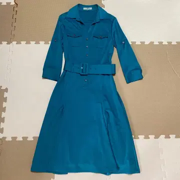 레트로 원피스 무릎 기장 벨트 포함 터콰이즈 블루