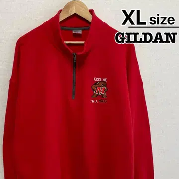USA 구제 의류 GILDAN 하프 지퍼 맨투맨 XL 레드 캐릭터 자수