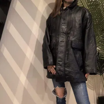 빈티지 90s 블랙 가죽 코트 대형 포켓 남성용 안감 있음