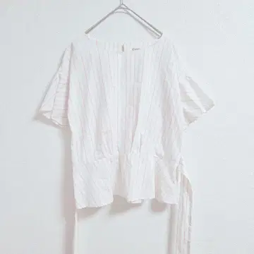 COPAIN 스트라이프 패턴 반팔 셔츠 M-L 허리 리본 포함