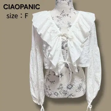 CIAOPANIC 가디건 블라우스 프릴 코튼 레이스 리본 화이트