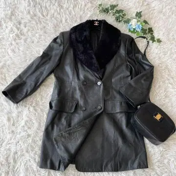양가죽 레더 코트 체스터 코트 옷깃 페이크 퍼 무릎 기장 일본제 블랙