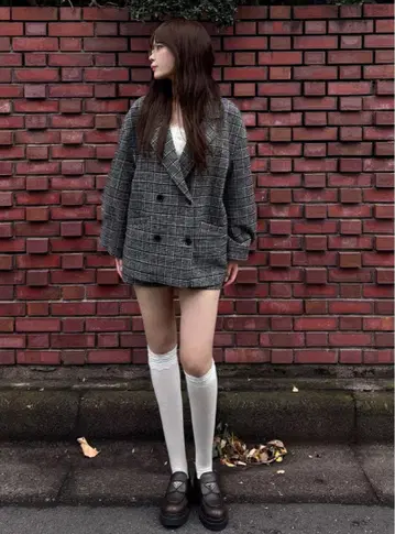 그레일 체크 무늬 더블 자켓 x 숏팬츠 셋업[ta194]