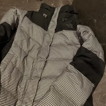 THE NORTH FACE 체크 무늬 롱 다운 자켓 후드 부착