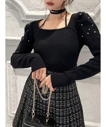 RESEXXY 숄더 비쥬 초커 니트탑