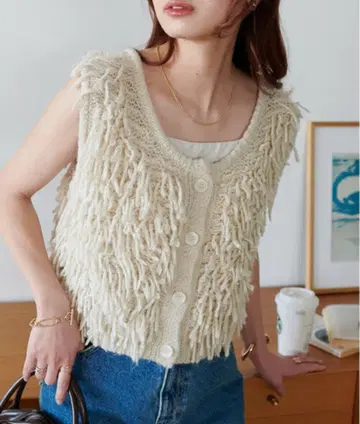 [ 미사용 ] Discoat 디스코트 프린지 베스트 아이보리