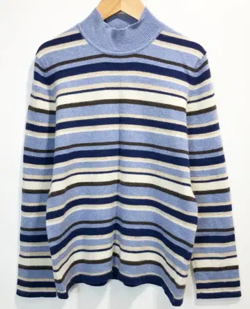 Aquascutum 캐시미어 100% 하이넥 보더 무늬 니트