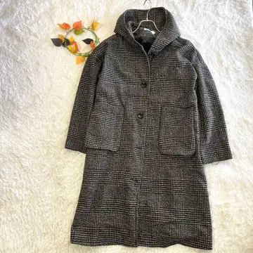 이핀이치 글렌체크 후드 부착 체스터 롱 코트 L