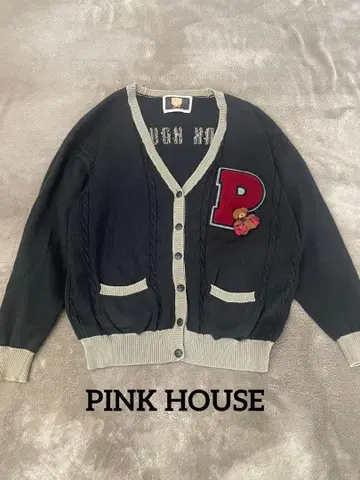 핑크하우스 바이컬러 베어 레터드 가디건