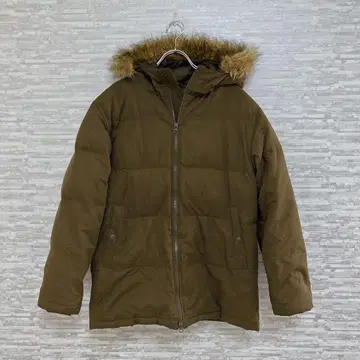 유니클로 다운 자켓 카키 리브 소매 따뜻한 코트 후드 퍼 포함