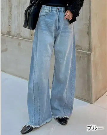 Re:EDIT 리디 밑단 프린지 배럴 레그 데님 팬츠 블루 S 사이즈