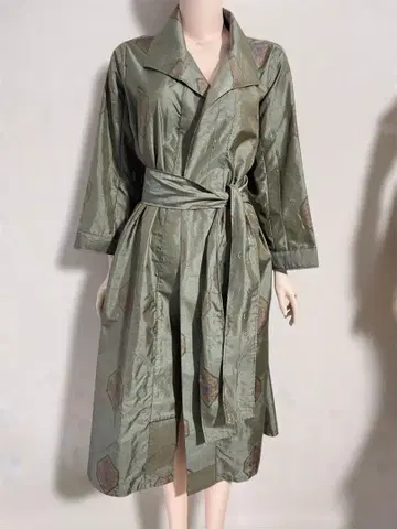 기모노 리메이크 올리브 그린 롱 코트 허리 리본 포함