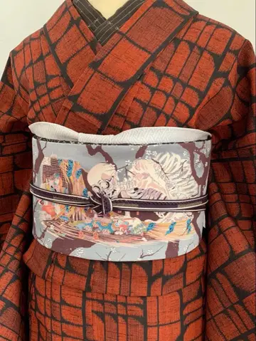 적녹색 x 검정 격자 무늬 울 단의 기모노 바치 카라 새상품급