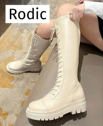 Rodic 통굽 레이스업 롱 부츠 베이지