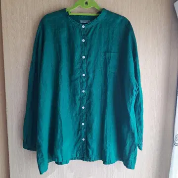 [ 삼밸리 ] 비비드 그린 색상 린넨 밴드 카라 셔츠 긴팔 L 사이즈