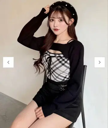 NOMAE 체크 리본 숏 레이어드 니트