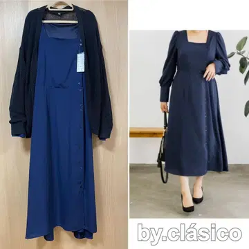 빅 사이즈 CLETTE 스퀘어 넥 버튼 디자인 원피스 쿠레트