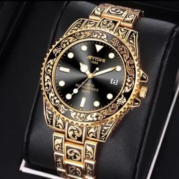 남성용 앤티크 손목시계 올 패턴 쿼츠 골드 x 블랙9