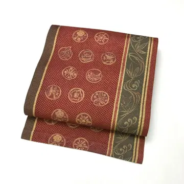 나고야 오비 하카타 오리 원형에 새 꽃무늬 KO-1747