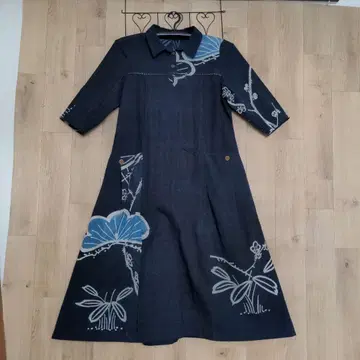 빈티지 원단 리메이크 통 직물 네이비 나염 숄카라 원피스