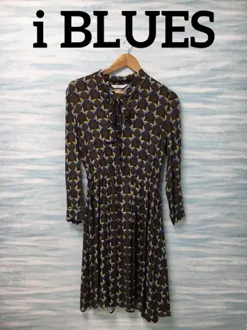 [ i BLUES ] 긴팔 원피스 패턴 브라운 L 이너 포함 허리밴딩
