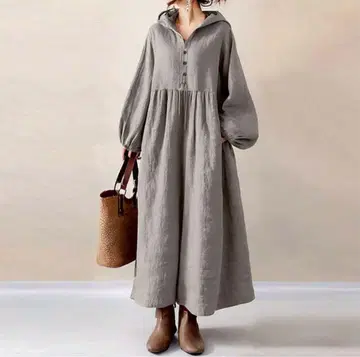 후드 부착 원피스 긴팔 면린넨 가을 옷 체형 커버 그레이 A라인