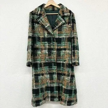 울 혼방 그린과 브라운 체크 롱 코트