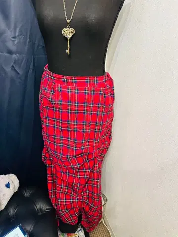 드래그 허니 빨간색 체크 랩스타일 스커트
