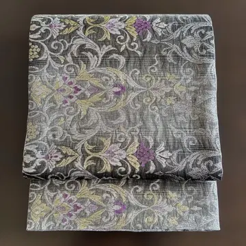 [ 새상품 미사용품 ] 후쿠로 오비 펄톤 가공 그레이 바탕 꽃무늬