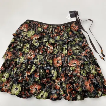 미사용 Lois CRAYON 꽃무늬 벨로아 3단 프릴 스커트 사이드 리본