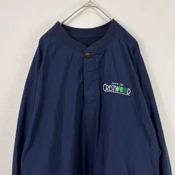 USA 구제 의류 스냅 버튼 나일론 풀오버 네이비 자수 기업계