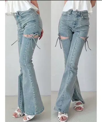 RESEXXY 컷 아웃 리본 데님 팬츠 라이트 블루 M