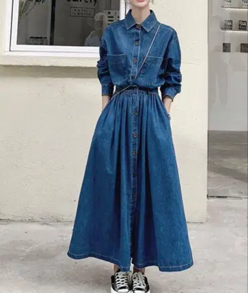 ATTENTION 데님 블루 셔츠 원피스 긴팔 L 사이즈 택 포함 새상품