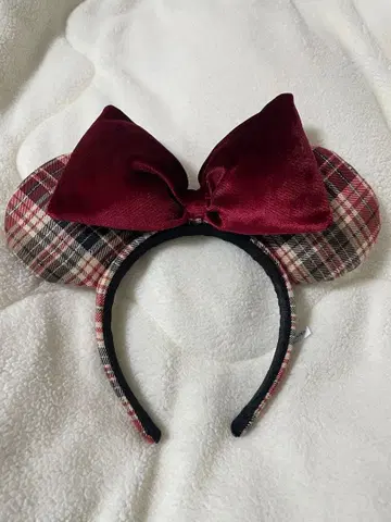 미키 귀 머리띠 체크 무늬 빨간색 리본 디즈니