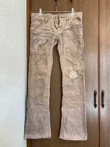 베이지 데미지 가공 코듀로이 플레어 팬츠