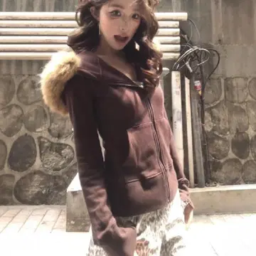 헤이세이 갸루 00s 브라운 퍼 후드티 Y2K