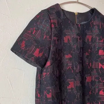 DAMA 반팔 무릎 기장 원피스 블랙과 빨간색 패턴 일본제 컬렉션