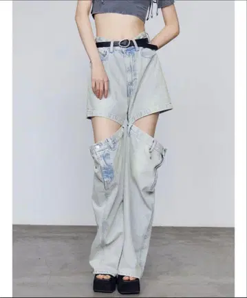 EMODA 사이드 오픈컷 데님 라이트 블루 데님 팬츠