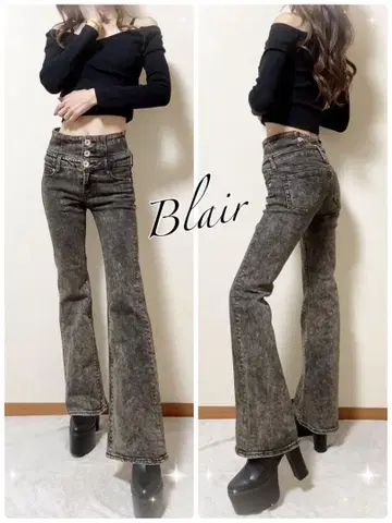 GYDA 하이웨스트 백 크로스 USED 케미컬 워시 플레어 데님 팬츠