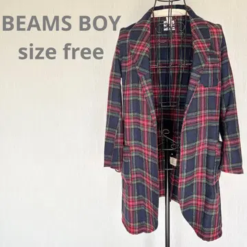 BEAMS BOY 체크 무늬 울 코트 레드 x 네이비 프리 사이즈