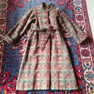 구제 의류 vintage 울 혼방 체크 무늬 롱 코트 몽골풍