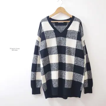 새상품급 띠어리 럭스 울 캐시미어 깅엄 체크 패턴 니트 블랙