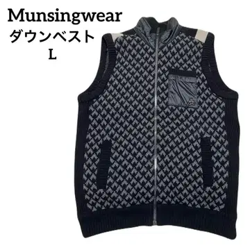Munsingwear 다운 베스트 니트 절개 가슴 포켓 블랙 그레이 L