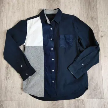 VENCE EXCHANGE 패치워크 긴팔 셔츠 남성용 네이비
