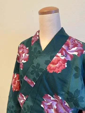 키모노 하즈키 꽃무늬 그린 컬러 유카타