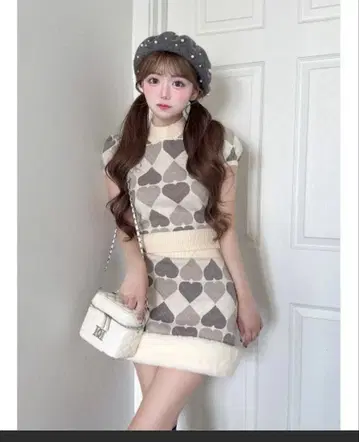 다리치 아가일 하트 체크 니트 셋업 아이보리