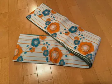 UTATANE 꽃무늬 반폭 오비 파랑과 오렌지