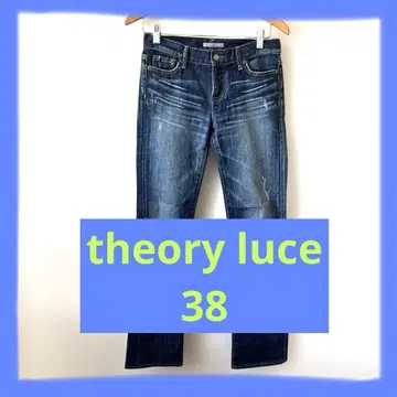 여성용 theor luxe 스트레이트 데님 블루 데미지 가공 38
